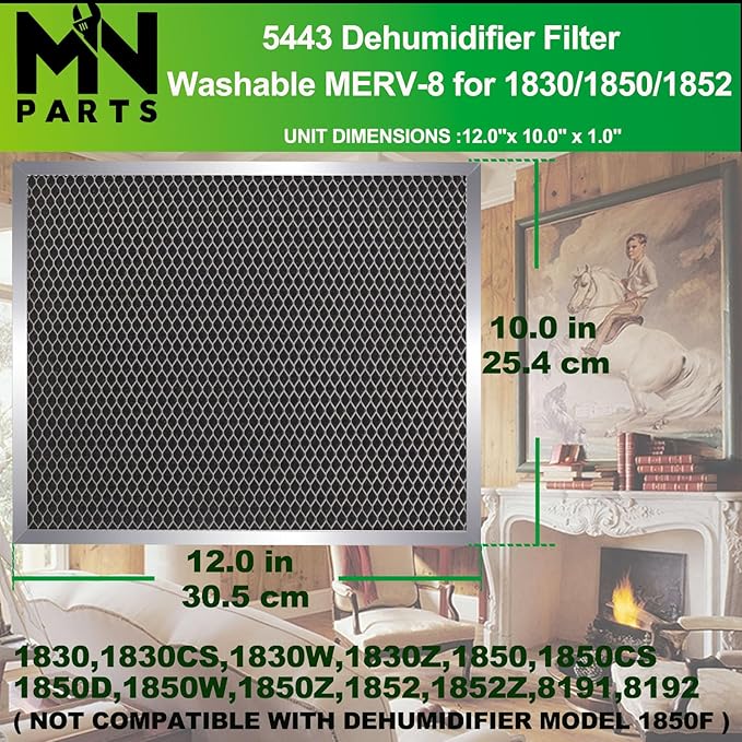 5443 Dehumidifier Filter 10"x12"x1" MERV 8 Washable Compatible with Whole-House Dehumidifiers Models 1830 1850 1852 and Ventilation Models 8191 8192 Replacement Filter 2 Packs - Image 2