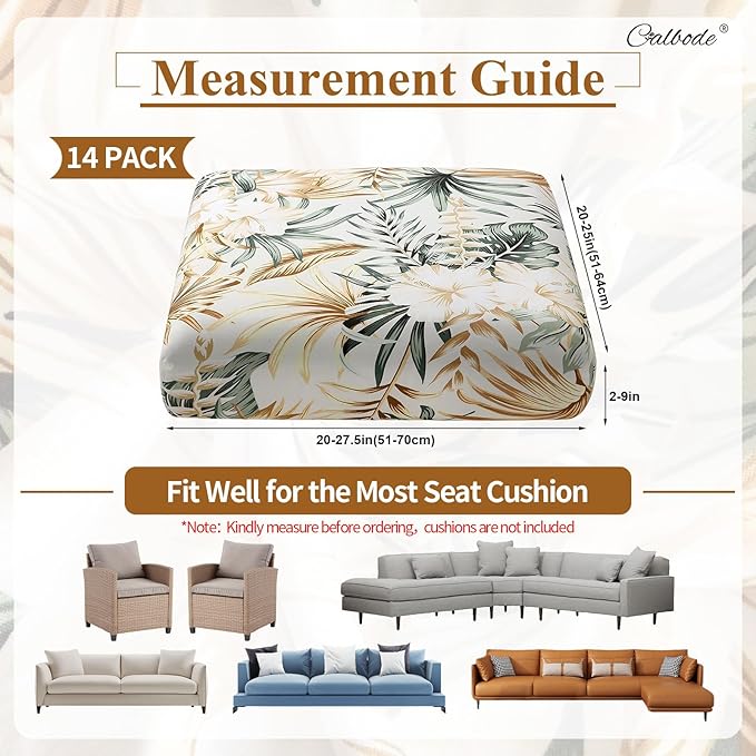 14Pcs Stretch Patio Cushion Cover, Tropical Floral and Leaf Pattern Sofa Covers for Patio Furniture Cushions Washable Reusable Couch Covers Replacement for All Season(Cover Only) - Image 2