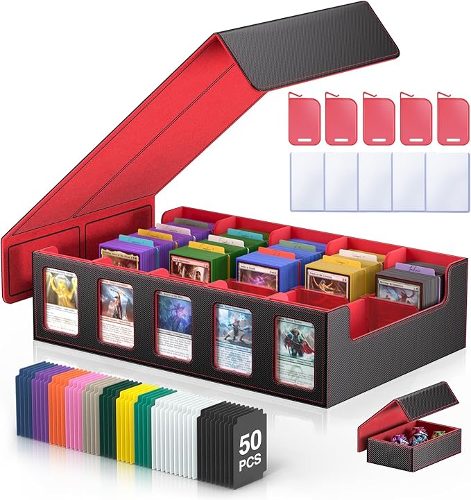 Trading Card Storage Box 5-Row 3900+ Capacity,TCG MTG Card Case with Magnetic Lid & Commander Display,Top Loader Storage for Sports Cards,Includes Dividers Dice Box（Black＆Red） by MORCCO
