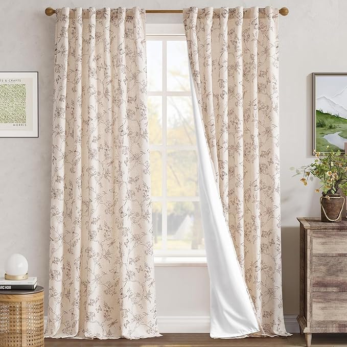 jinchan Floral Curtains Lined Linen Blend Curtain for Living Room 96 Inch Length Taupe Farmhouse Flower Patterned Curtain French Country Curtains Drapes Back Tab Rod Pocket 2 Panels - Image 7