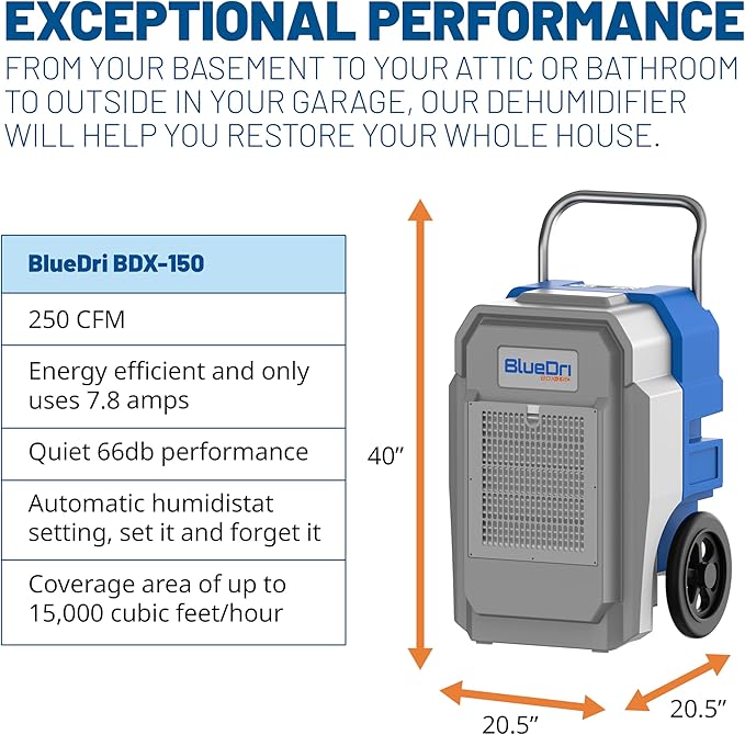 BlueDri BDX-150 175PPD Industrial Commercial LGR Dehumidifier with 25-Foot Drain Hose for Job Sites, Coverage area of 15,000 Cubic Feet, Water Damage Restoration Equipment, Blue - Image 4