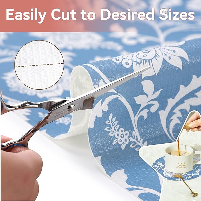 RAY STAR Shelf Liner, Non Adhesive Blue Floral Kitchen Cabinet Liner for Pantry Drawer, Strong Grip Non Slip Waterproof, Durable Shelf Liners for Kitchen Cabinets Cupboard 12 Inch x 10 FT (4 Rolls) - Image 4