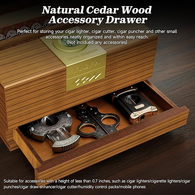 TISFA Cigar Box Handcrafted Humidor with Hygrometer and Humidifier, Cedar Wooden Humidor Case with Drawer, Divider, Cigar Length Gauge, Desktop Humidor Box Gifts Cigar Accessories (Light) - Image 7