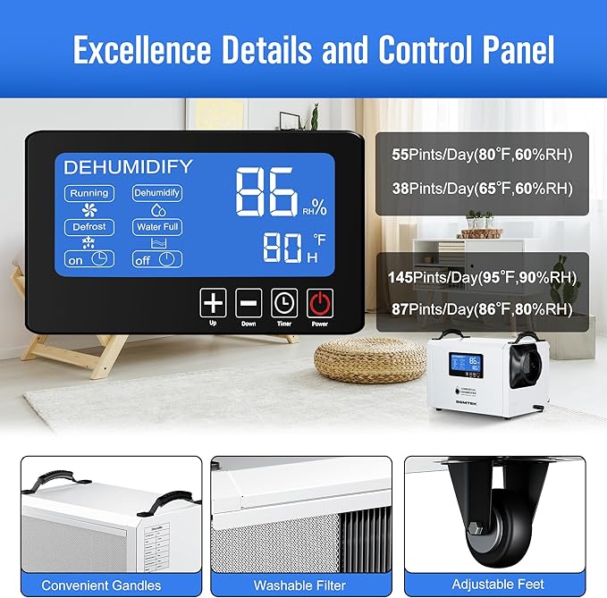 145 Pints Commercial Dehumidifier for Large Basements & Crawl Spaces up to 6500Sq.Ft, Industrial Dehumidifiers for Water Damage Restoration, Auto Defrost, Continuous Drain Hose, White-2PC - Image 3