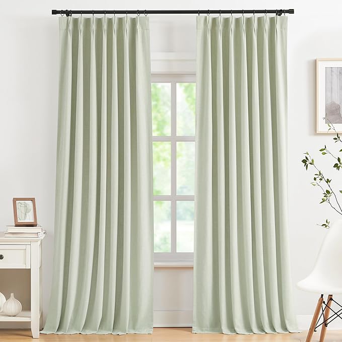 Kayne Studio Soft Green Pinch Pleated Full Blackout Curtains Linen Blend Room Darkening Thermal Insulated Soundproof Drapes 108 Inch Back Tab Window Curtains for Living Room Bedroom(2 Panels,40"x108") by KayneStudio