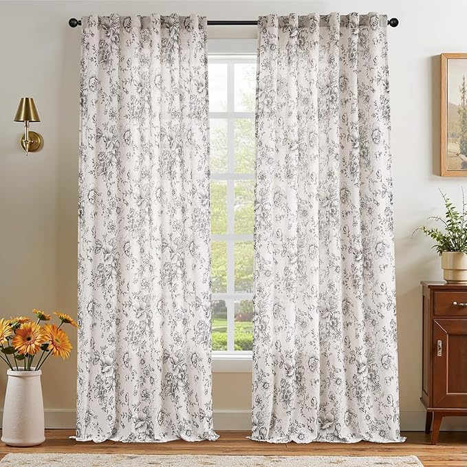 jinchan Linen Blend Curtain Floral Curtains for Living Room 108 Inch Length Black Printed Curtain Rod Pocket Back Tab Farmhouse Peony Flower Patterned Drapes Bedroom Window Curtains Set 2 Panels - Image 7