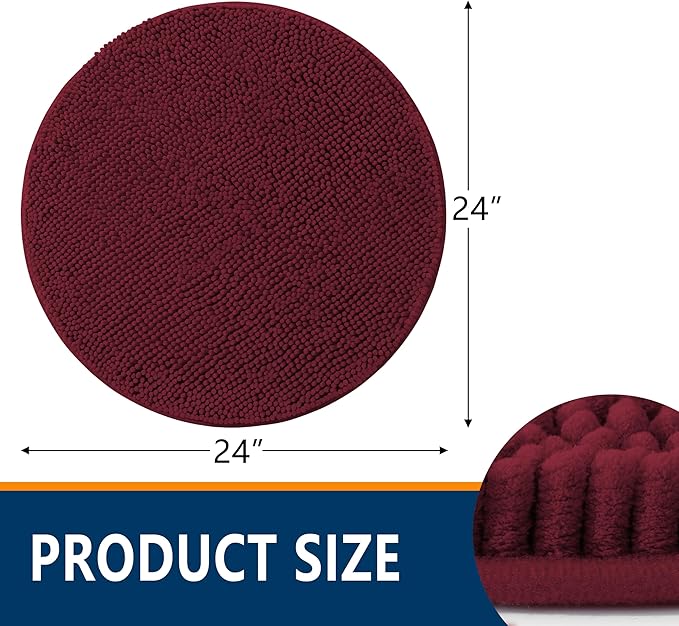 Smiry Luxury Chenille Round 24x24, Extra Soft and Absorbent Shaggy Bathroom Mat Rugs, Machine Washable, Non-Slip Plush Carpet for Tub, Shower, and Bath Room, Burgundy - Image 2