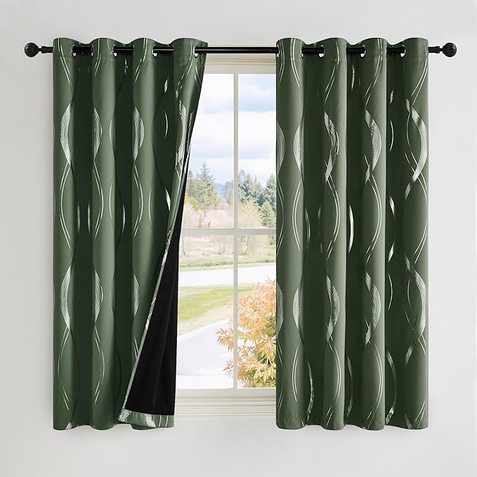 NICETOWN 100% Blackout Curtains 63 inch Length 2 Panels, Dark Mallard, 52" x 63", Noise Reducing Thermal Insulated Wave Line Foil Print Design Blackout Curtains for Hall Closet Villa Door by NICETOWN