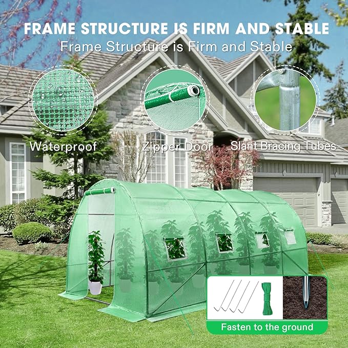 VIVOSUN 13x10x7 Ft. Large Walk in Greenhouse, Greenhouse Tunnel, Garden Plant Hot House with Green PE Cover, Roll-up Zipper Door and Window for Outdoor - Image 3