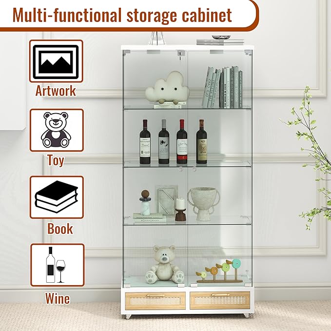 Yoluckea 4-Tier Glass Display Cabinet with LED Lighting and 2 Drawers, 2-Door Floor Standing Curio Cabinet with Wheel for Home, Office, Corner Display, White Glass Bookshelf for Collections and Decor - Image 4