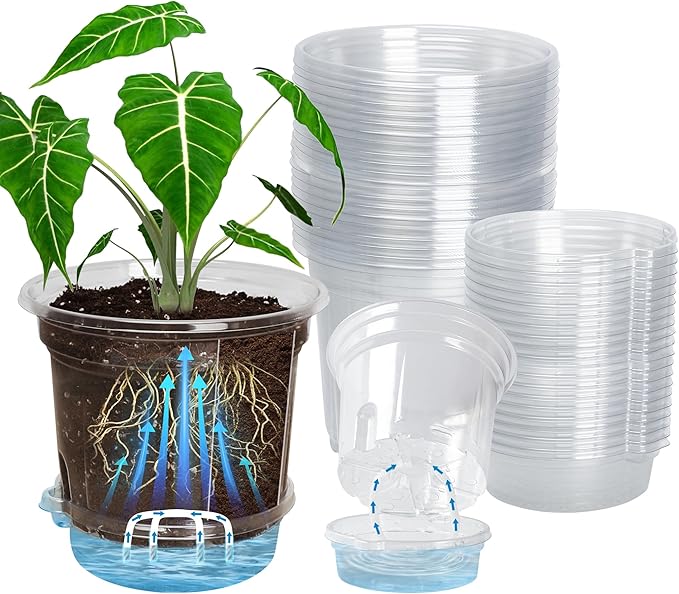 20 Pack 5 Inch Clear Self Watering Plant Pots with Bottom Water Tray & Watering Rope, Transparent Nursery Pots with Drainage for Seedlings, Herbs, and Houseplants by Bluepro