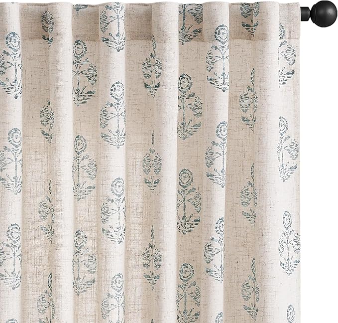 jinchan Linen Floral Curtains for Living Room 84 Inch Length Blue Flower Cottage Core Farmhouse Curtains Rod Pocket Back Tab Boho Semi Sheer Window Drapes Bedroom Set 2 Panels Blue on Beige by JINCHAN