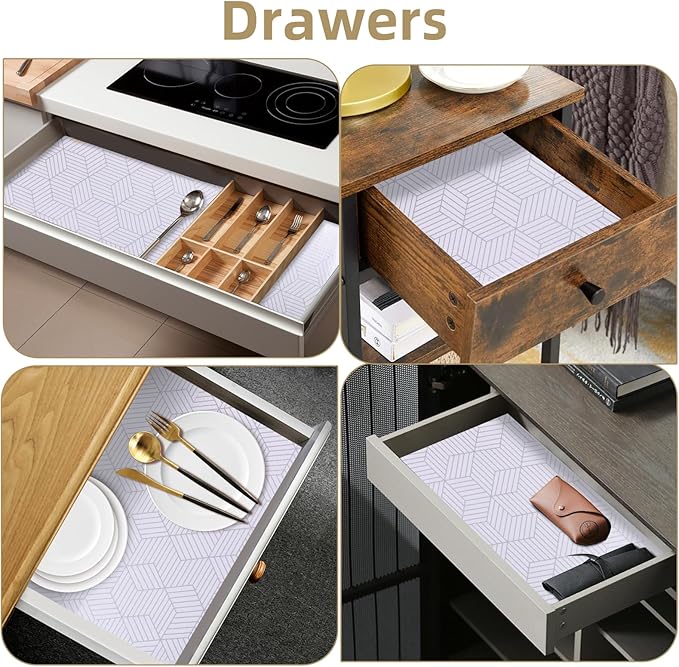 Shelf Liners for Kitchen Cabinets Non Adhesive Shelf Liner Paper Non-Slip Thickened Drawer Liner Easy to Clean for Tool Box Refrigerator with Knife and Tape Measure, Silver Geometric, 11.8 x 118 in - Image 5