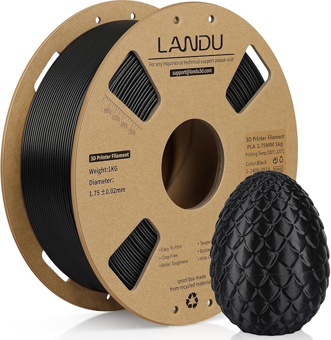 LANDU PLA Filament 1.75mm Black 1KG, 3D Printer Filament 1kg Cardboard Spool(2.2lbs), Dimensional Accuracy +/- 0.02mm, Neatly Wound 3D Printing Filament Fits for Most FFF 3D Printers, Black PLA by LANDU
