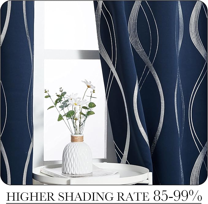 NICETOWN Navy Blue Blackout Curtain Panels 84 inches Long, Window Treatment Foil Printed Wave Lines Thermal Insulated Grommet Drapes for Living Room/Office/Guest Room(1 Pair, 52" Wide) - Image 4