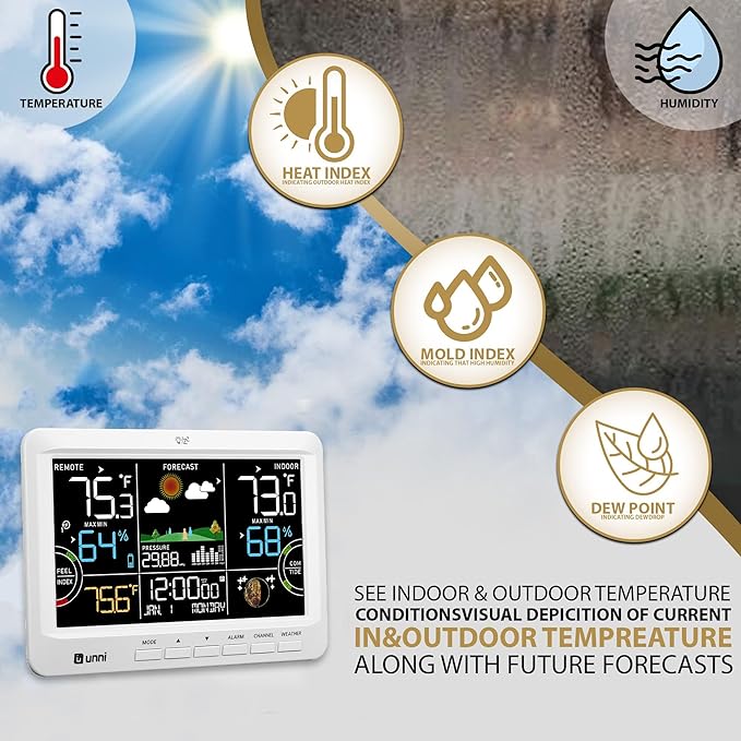 Weather Station Indoor Outdoor Thermometer Wireless, Home Atomic Clock with Large Constant Display, Inside Outside Temperature Humidity Monitor, Dew Heat Point, Barometer White - Image 4