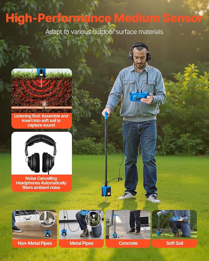 VEVOR Pipe Water Leak Detector for Outdoors, 1Hz-10000Hz, 7" Touchscreen Water Leakage Detection Locator for 16.4FT (5m) Underground Plumbing - with Medium Sensor, 3 Listening Rods, Headphone & Case - Image 4
