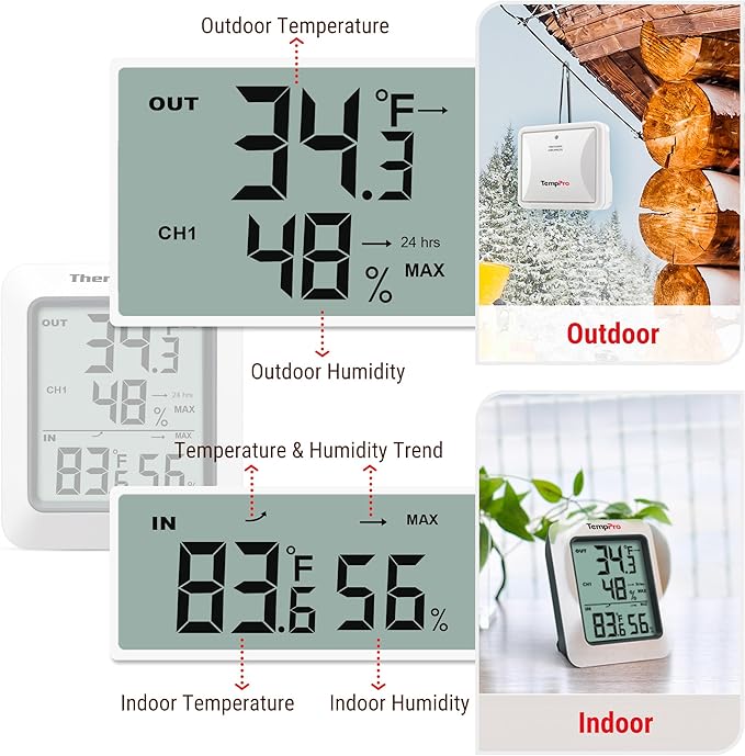 TempPro TP60-3 Digital Hygrometer Indoor Outdoor Thermometer Wireless Temperature and Humidity Gauge Monitor Room Thermometer with 500ft/150m Range Humidity Meter (Previously ThermoPro) - Image 8