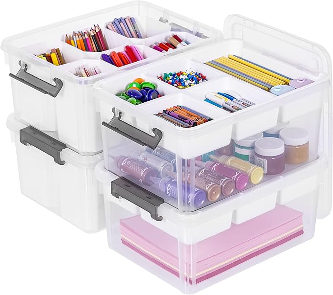 Citylife 17 QT Plastic Storage Box with Removable Tray and 6 Detachable Tall Inserts Craft Organizers and Storage Clear Storage Container for Organizing Crayon, Craft, Sewing, Playdoh, 4 Packs by Unknown