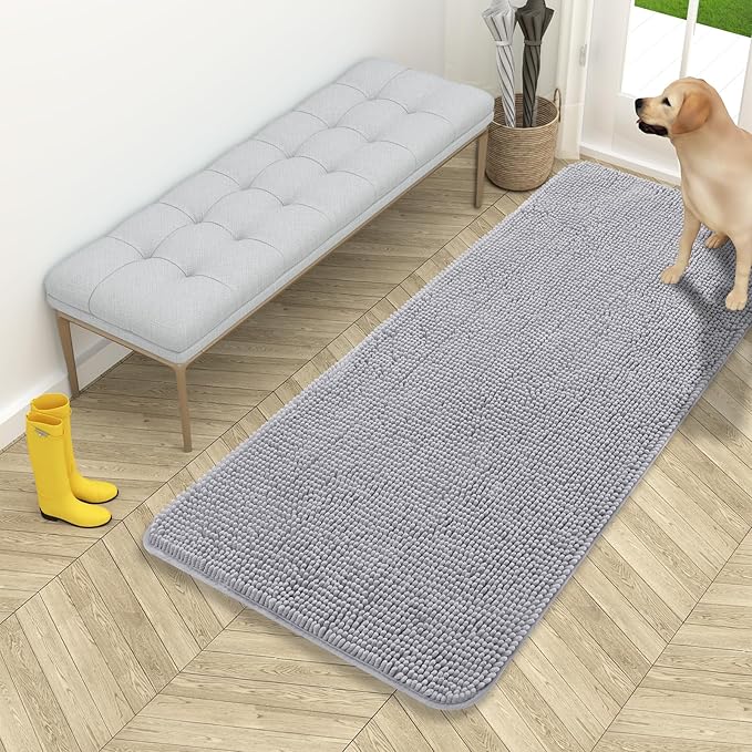 OLANLY Dog Door Mat for Muddy Paws 54x24, Absorbs Moisture and Dirt, Absorbent Non-Slip Washable Doormat, Quick Dry Chenille Mud Mat for Dogs, Entry Indoor Entryway Carpet for Inside Floor, Light Grey by OLANLY