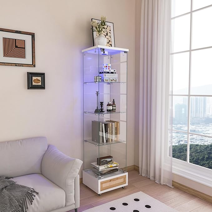 Yoluckea 4-Tier Glass Display Cabinet with LED Lighting and Drawer, 1-Door Floor Standing Curio Cabinet with Wheel for Home, Office, Corner Display, White Glass Bookshelf for Collections and Decor - Image 8