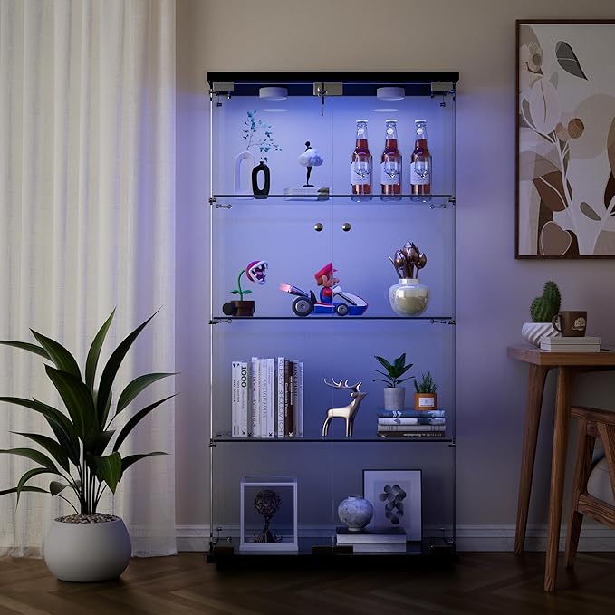 Yoluckea 4 Shelves Glass Display Cabinet with LED Light and 2 Doors, Curio Collection Glass Display Case, Floor Standing Bookshelf Corner Cabinet for Book Toys Glory (Black) - Image 5