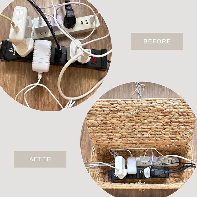 Wicker Cable Management Box with Lid, Set of 2 Handwoven Water Hyacinth Cords Hider Boxes for TV, Computer, Router, USB Hub to Hide Cords & Power Strip for Desk, Floor, Office - Image 6