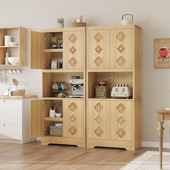 Garvee 72" Tall Pantry Cabinet, Kitchen Hutch Storage Cabinet with Countertop for Microwave, Freestanding Wooden Cupboard with Carved Door & Crystal Handle, for Dining Room, Living Room, Light Oak - Image 3