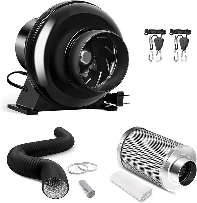 iPower 4 Inch 195 CFM Inline Fan, Air Carbon Filter, 8 Ft Al Foil Ducting, Speed Controller and Rope for Grow Tent, Ventilation & HVAC Heating Cooling by iPower