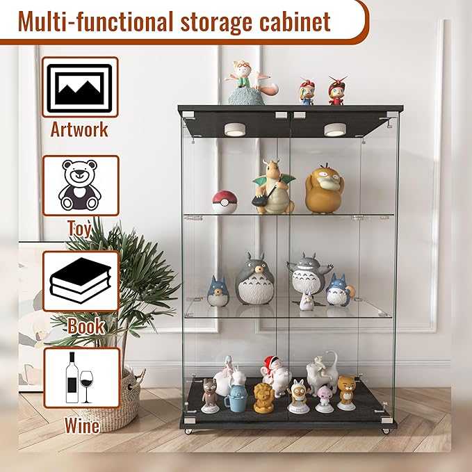 Yoluckea 3-Tier Glass Display Cabinet with LED Lighting, 2-Door Floor Standing Curio Cabinet with Universal Wheel for Home, Office, or Corner Display, Black Glass Bookshelf for Collections and Decor - Image 4