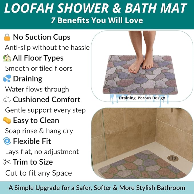 Anti Slip Shower Mat Square - Non Slip Shower Mats for Inside Shower - 24x24 Shower Floor Mat Non Slip - Square Bath Mat for Shower - Secure Loofah Shower Mat No Suction Cups (24x24 Stone Path) - Image 4