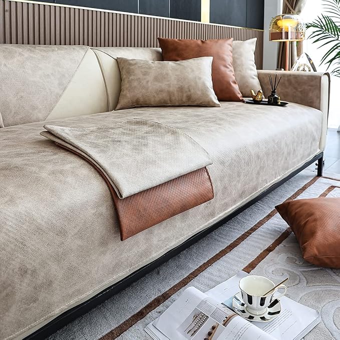 Faux Leather Waterproof Couch Sofa Cover Vintage PU Sectional Couch Cover Non Slip Sofa Slipcover Furniture Protector for Kids Dogs Cats (Cream,43"x43") - Image 5