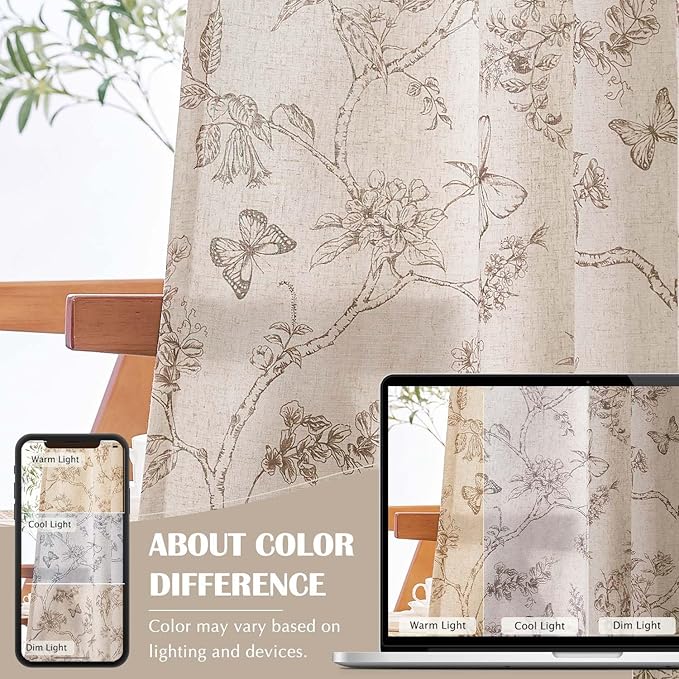 jinchan Floral Curtains Lined Linen Blend Curtain for Living Room 63 Inch Length Taupe Farmhouse Flower Patterned Curtain French Country Curtains Drapes Back Tab Rod Pocket 2 Panels - Image 6