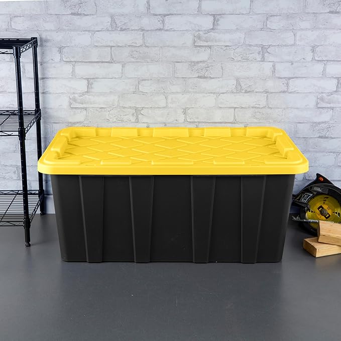 Sterilite 38 Gal Industrial Tote, Stackable Storage Bin with Snap-Fit Lid for Garage, Basement & Attic Storage, Black Base and Yellow Lily Lid, 4-Pack - Image 5