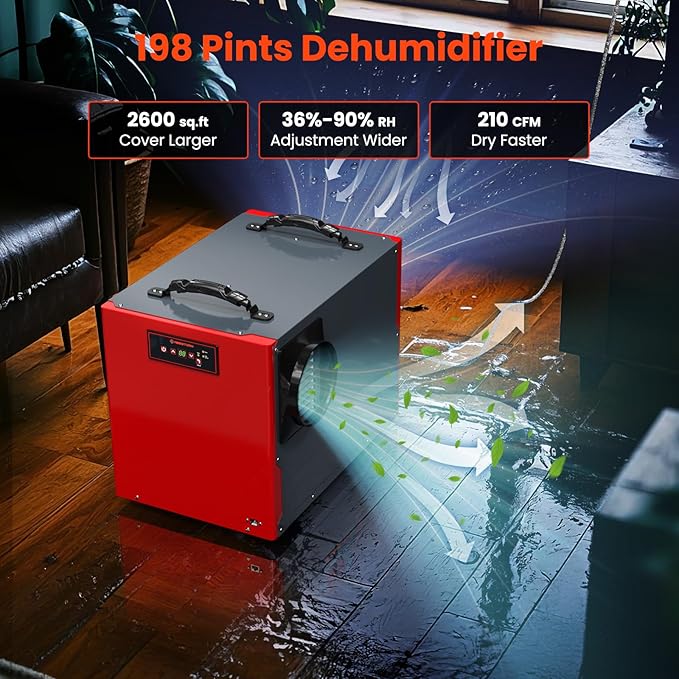 Abestorm 198 Pint Commercial Dehumidifier with Pump and Drain Hose for Crawlspace, Basement, Large Space up to 2,600 sq.ft, Industry Water Dmage Unit, Auto Defrost, Compact - Image 3