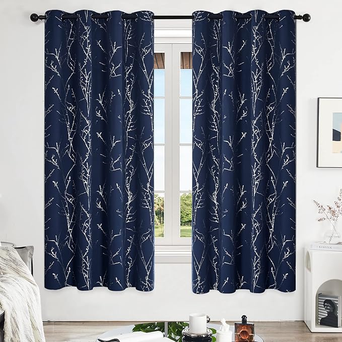 Deconovo Blackout Curtains, Navy Blue Curtain, Thermal Insulated Soundproof Drapes, Branch Silver Print, 52 x 72 Inch Long, Machine Washable Grommet Panels for Bedroom Living Room Office, Set of 2 - Image 2