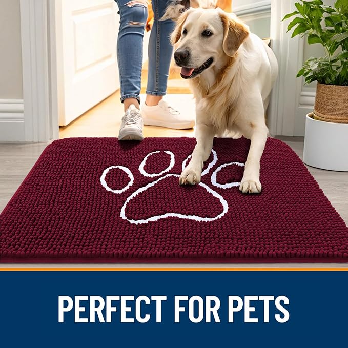 OLANLY Dog Door Mat for Muddy Paws 70x46, Paw Print Design, Absorbs Moisture and Dirt, Absorbent Non-Slip Washable Doormat, Quick Dry Chenille Mud Mat for Dogs, Entry Indoor Entryway Carpet, Burgundy - Image 6