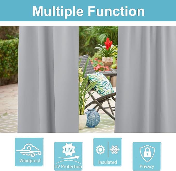 RYB HOME Outdoor Curtains for Patio Waterproof Tab Top Block Sunlight Thermal Insulated Privacy Assured Thick Outside Curtains for Porch, Pergola, Pool, W52 x L84, Light Grey, 1 Panel - Image 7