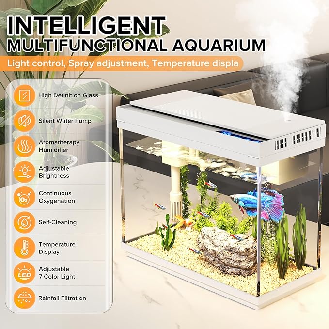 Fish Tank 2.4 Gallon Aquarium Kit with Humidifier 7-Color Auto-Looping 3 in 1 Quiet Pump with Filteration & Oxygenation & Circulation, Temperature Display, HD Glass - Image 2