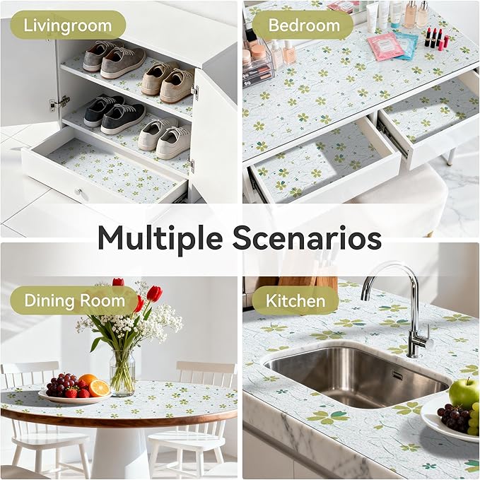 FIFTY FEET 18"x96" Non-Adhesive Shelf Liner for Kitchen Cabinets and Drawers, Washable Non-Slip PVC Cabinet Liner (Green Floral)(8 Roll) - Image 9