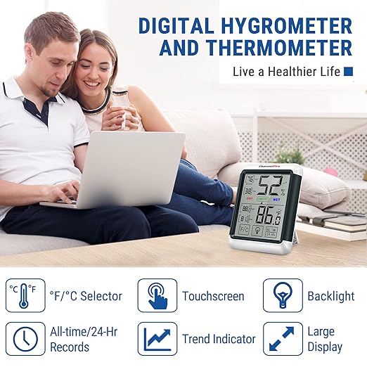 ThermoPro TP55 Digital Indoor Hygrometer Thermometer, 4-Inch Temperature/Humidity Monitor with Touchscreen and Backlit, Indoor Room Thermometer/Humidity Meter for House Home Greenhouse - Image 2