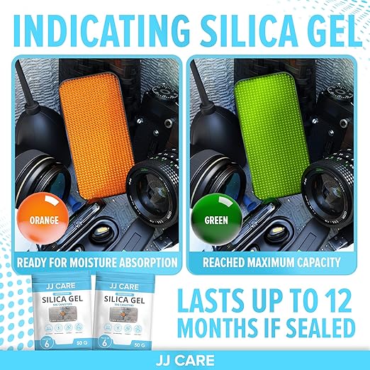 JJ CARE Silica Gel Canister, 50g [Pack of 6] - (Orange to Green) Indicating Rechargeable Dehumidifier Desiccant Beads, Safe Moisture Absorber, Ammo Can Dehumidifier for Gun Safe, Vault, Bedroom, Car - Image 5