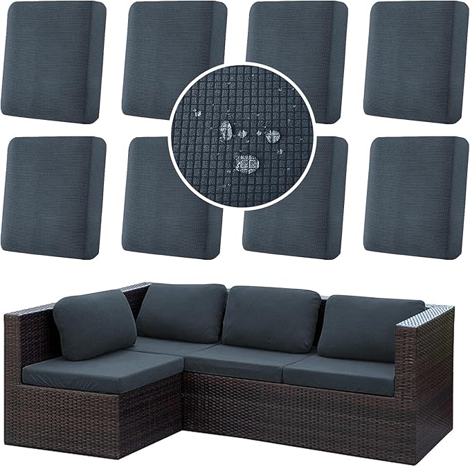 8Pcs Stretch Couch Cushion Covers, Water Resistant Outdoor Sofa Cuhsion Cover Replacement,Washable Outdoor Patio Chair Seat Cushion Covers for Furniture Protect (Charcoal Gray, Grid Textured) by CALBODE