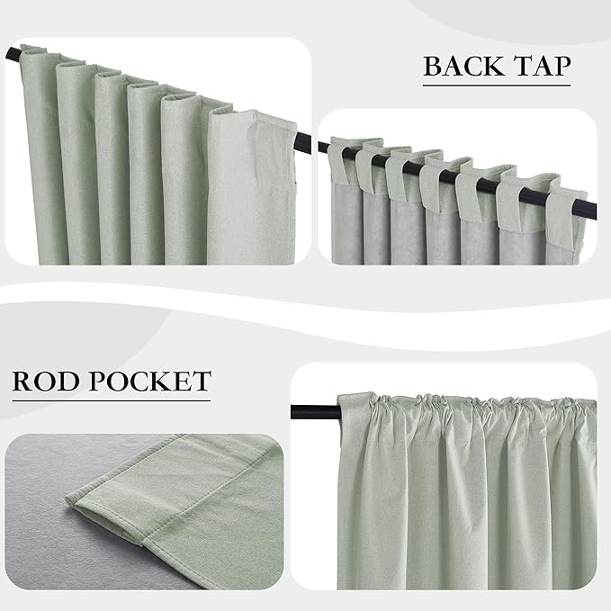 RYB HOME Light Green Curtains 100% Blackout, Linen Window Treatment Panels Thermal Insulated, Privacy Drapes for Living Room/Bedroom/Nursery, Rod Pocket & Back Tab, 2 Panels, W52xL84 - Image 6