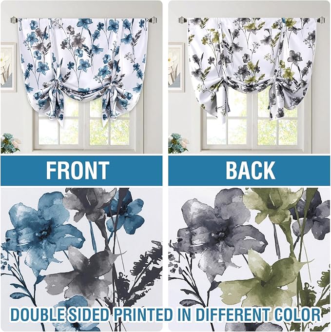 H.VERSAILTEX Double Sided Floral Pattern Printed Tie Up Curtains Thermal Insulated Blackout Short Curtain Bathroom Curtain Rod Pocket Panel -Reversible in Blue/Olive, 42 inches W x 63 inches L - Image 3