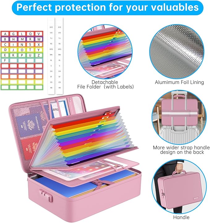 ENGPOW Fireproof File Organizer Bag with 13 Colorful Pockets Accordion File Folder,5200℉ Document Organizer Box with Lock&Labels,Multi-Layer Portable Home Safe Storage for Important Documents,Pink - Image 4