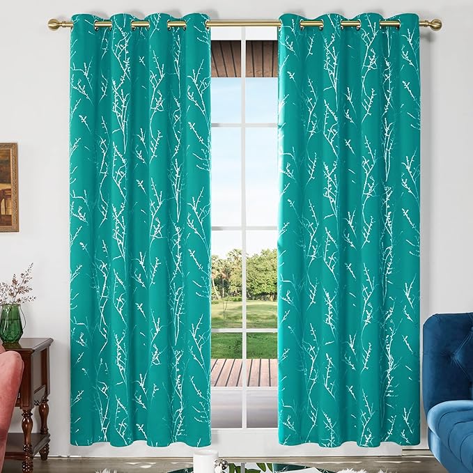 Deconovo Blackout Curtains, Thermal Insulated Soundproof Drapes with Tree Foil Print, 52 x 108 Inch, Set of 2, Machine Washable Window Curtain for Bedroom Living Room Nursery Kitchen Office, Turquoise - Image 2