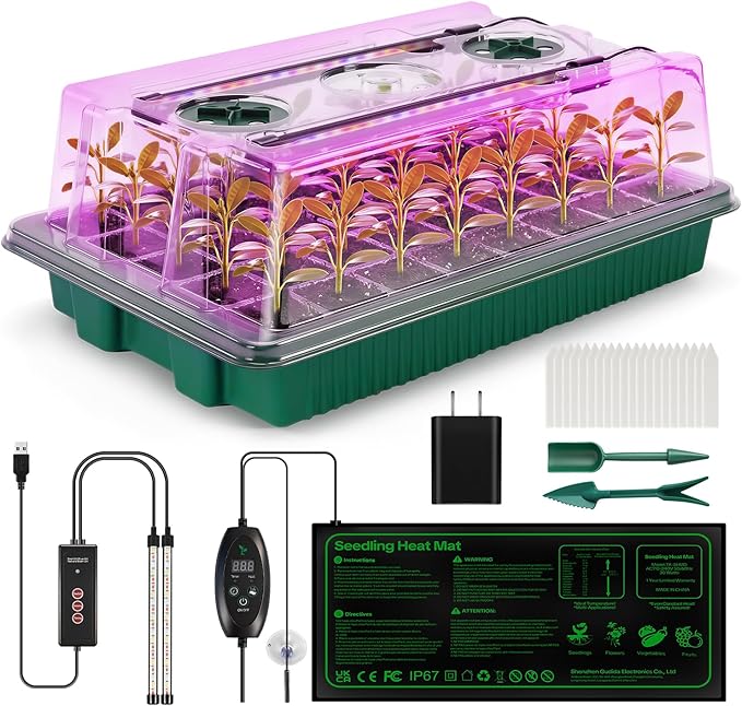Seed Starter Tray with Grow Light & Heating Mat, 68℉-113℉ Adjustable, 40-Cell Seed Starter Kit with Humidity Dome, Reusable Seed Starter for Indoor Planting Seeds by Qmioti