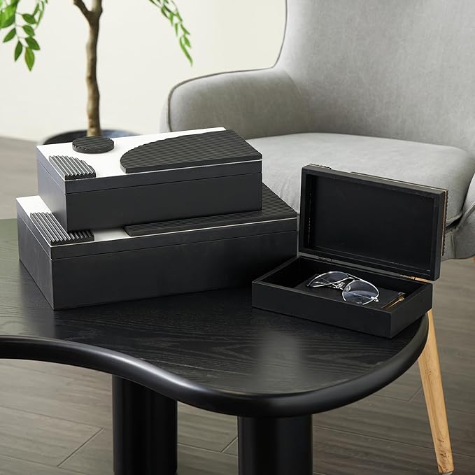 Deco 79 Wood Handmade Decorative Box Decorative Keepsake Boxes with 3D Geometric Accents, Set of 3 Storage Boxes 15", 12", 9"W, Black - Image 2