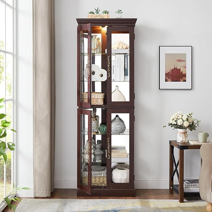 Lighted Glass Curio Cabinet with Lights & Adjustable Shelves,Curio Display Cabinet with Wood Frame,Corner Cabinet for Kitchen,Living Room,Office(Free Standing,Light Bulb Include) - Image 7